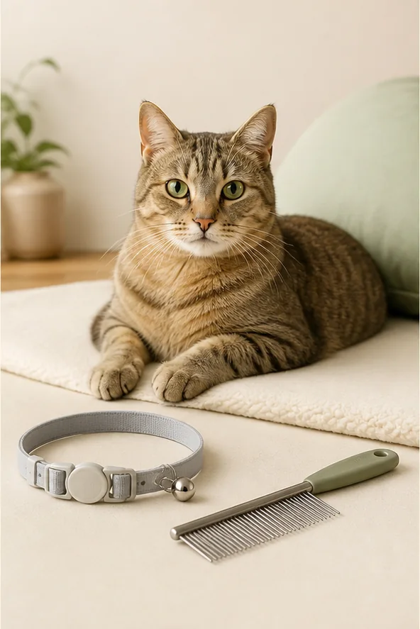 Collar para gato junto a un peine de revisión