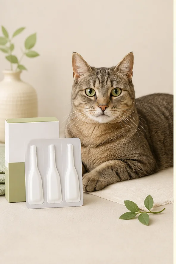 Pipetas y envase sin marca junto a un gato