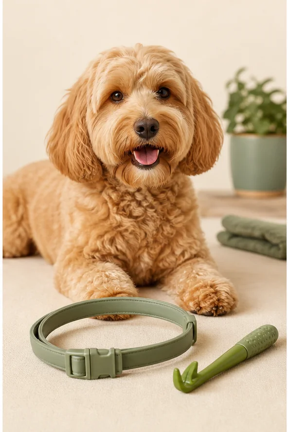 Collar para perro junto a herramientas de revisión del pelo