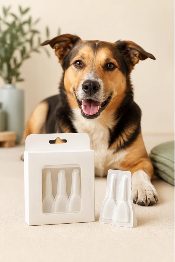 Pipetas y envase sin marca junto a un perro