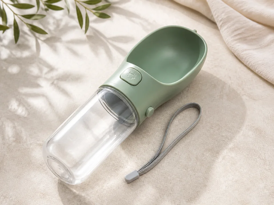 Botella de agua portátil con bandeja para beber, botón y correa de mano