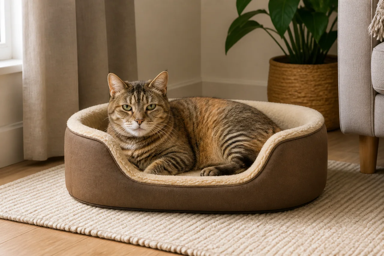 Gato descansando en una cama baja y acolchada