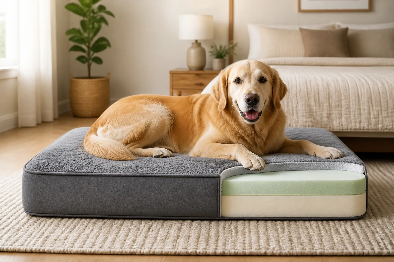 Perro tumbado en una cama de espuma con entrada frontal