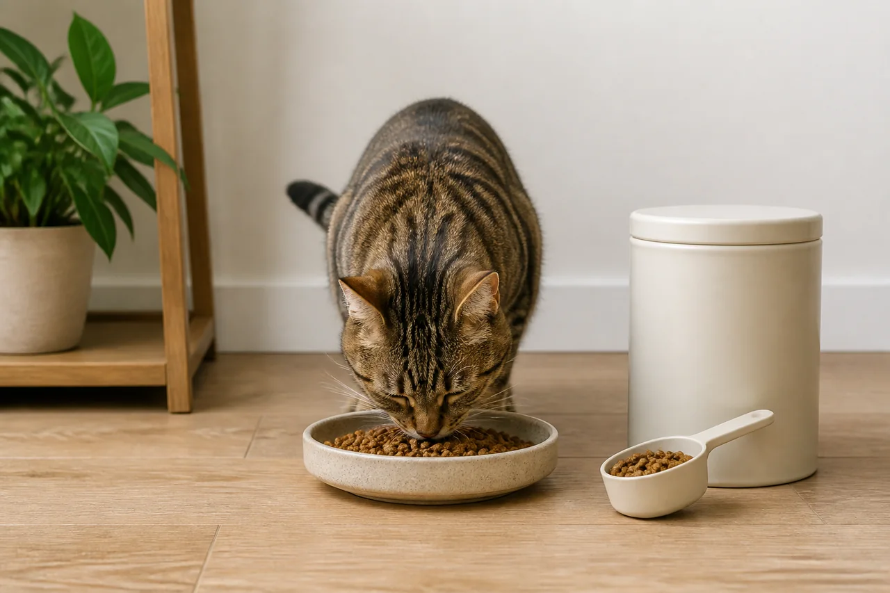 Gato comiendo de un cuenco junto a un recipiente de pienso