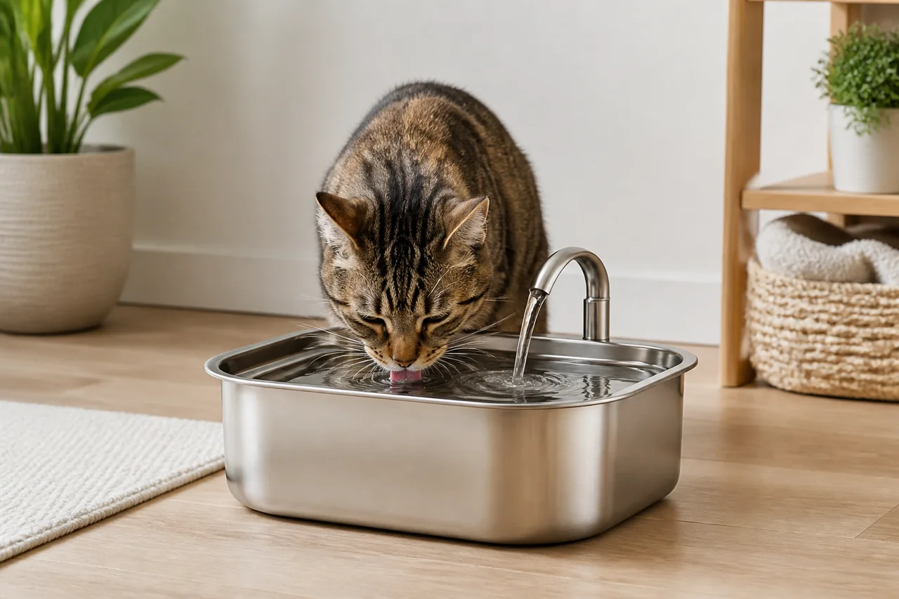 Gato bebiendo de una fuente de agua de acero