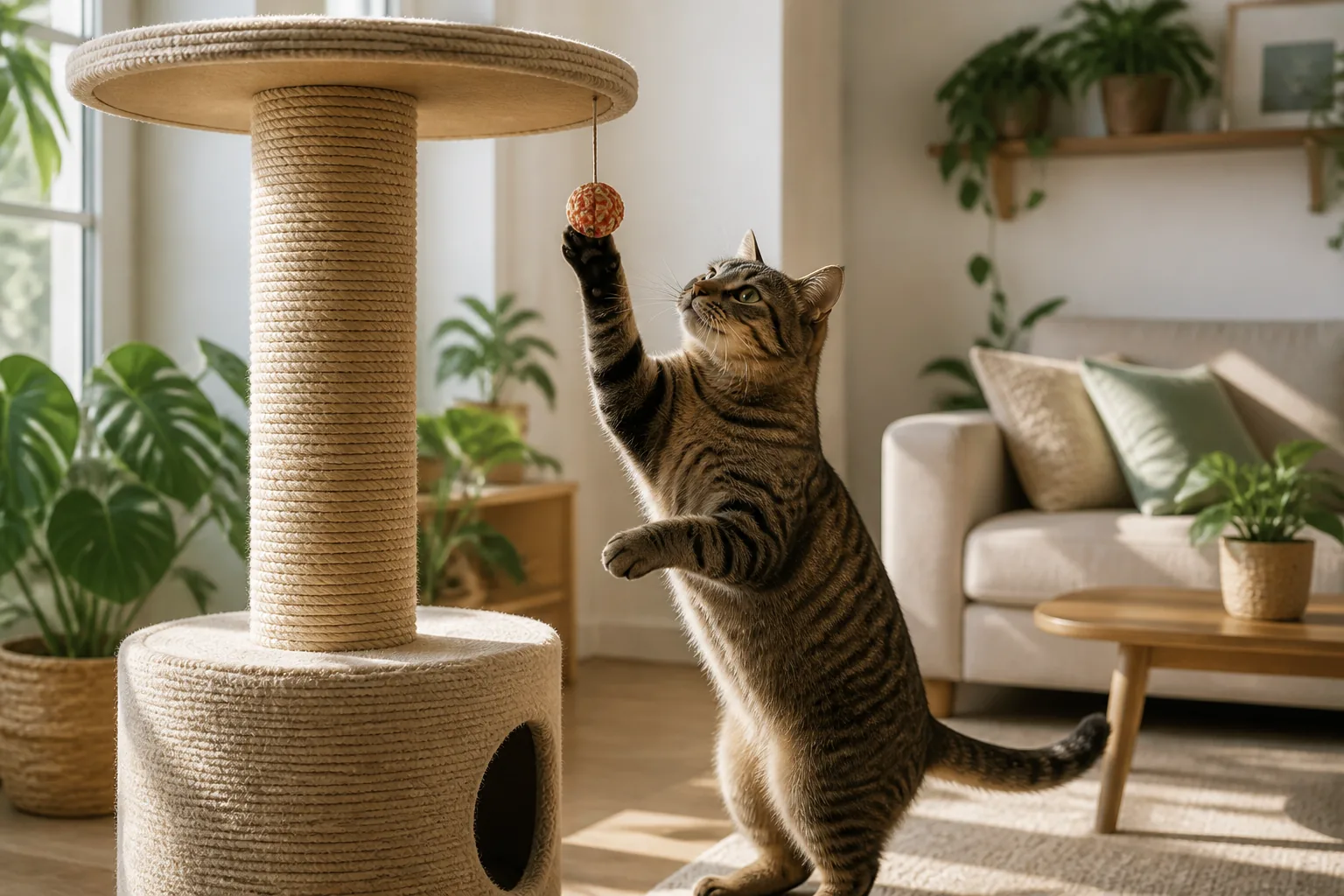 Gato sobre un árbol rascador con postes y plataformas