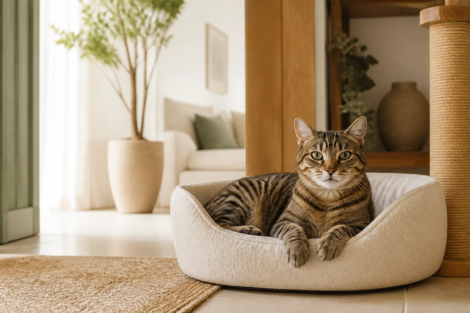 Gato adulto descansando en una cama cómoda junto a un rascador en un hogar luminoso