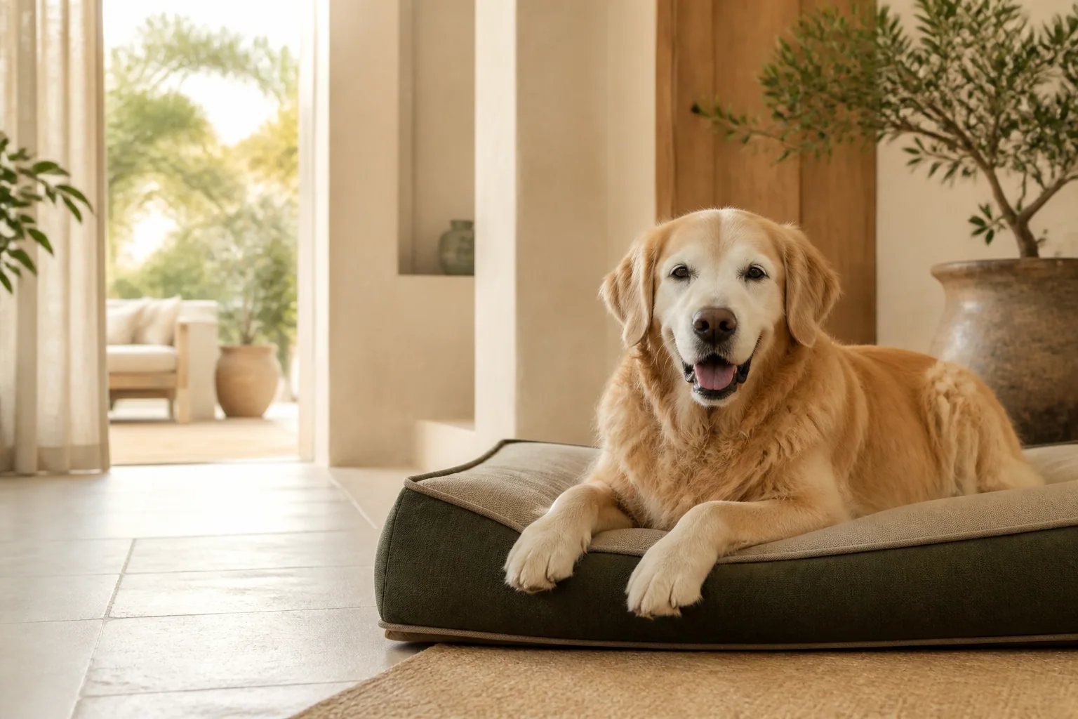 Perro senior descansando cómodamente en una cama baja dentro de un hogar luminoso