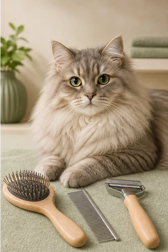 Gato junto a varios cepillos y peines de cuidado del pelo