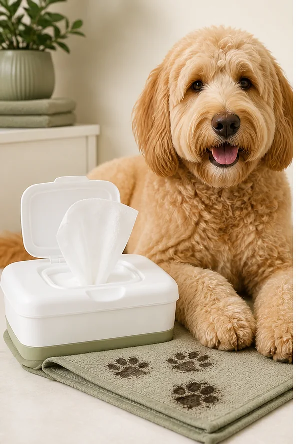 Perro junto a un paquete de toallitas para limpieza puntual