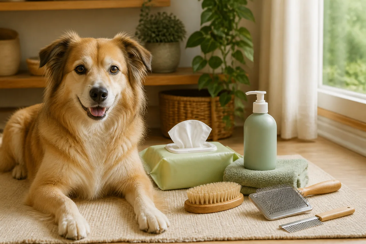 Cepillo, champú y toallitas específicos para la higiene de mascotas