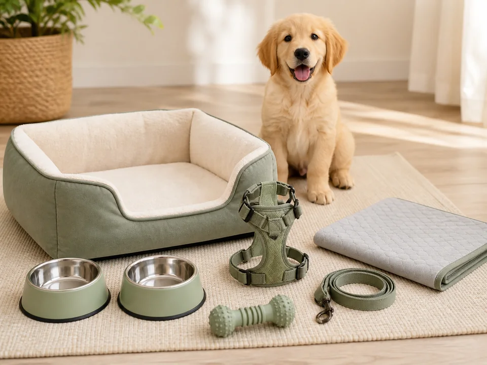 Cama, mordedor y comedero de bienvenida para cachorro