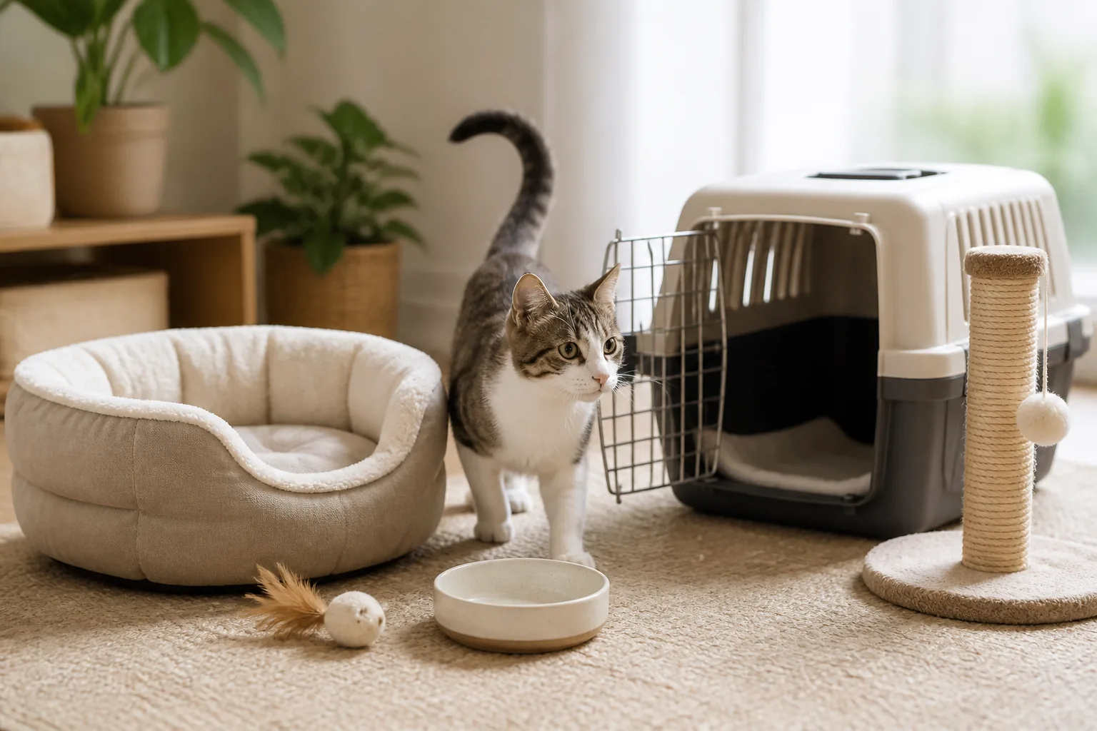 Accesorios de bienvenida para gato: descanso, arenero y juego