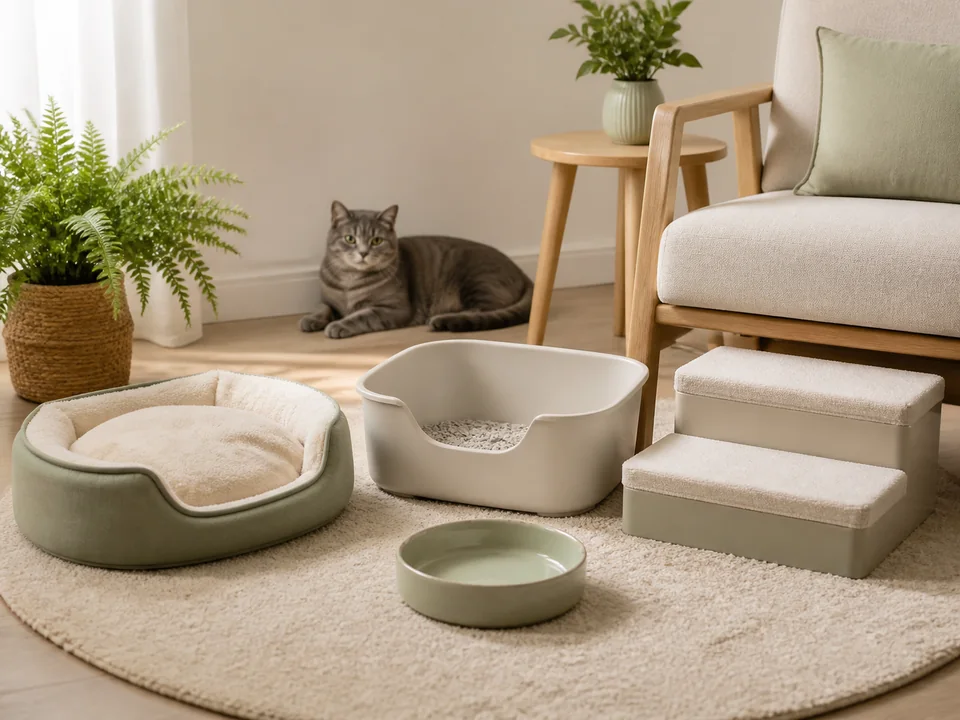 Cama, escalones y arenero de entrada baja para un gato mayor