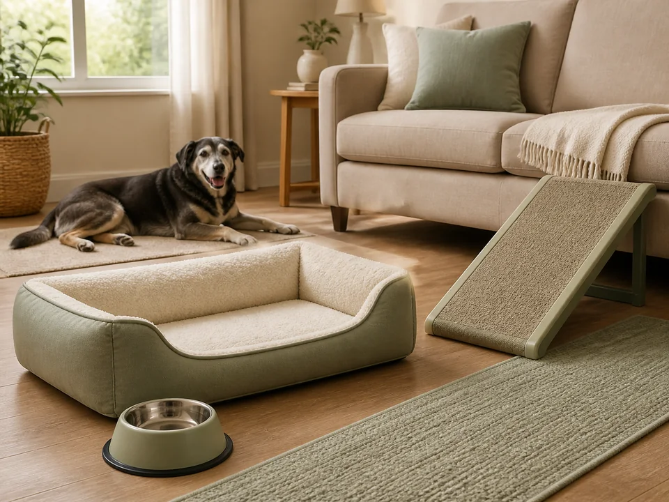 Cama, rampa y alfombra junto a accesorios de descanso canino