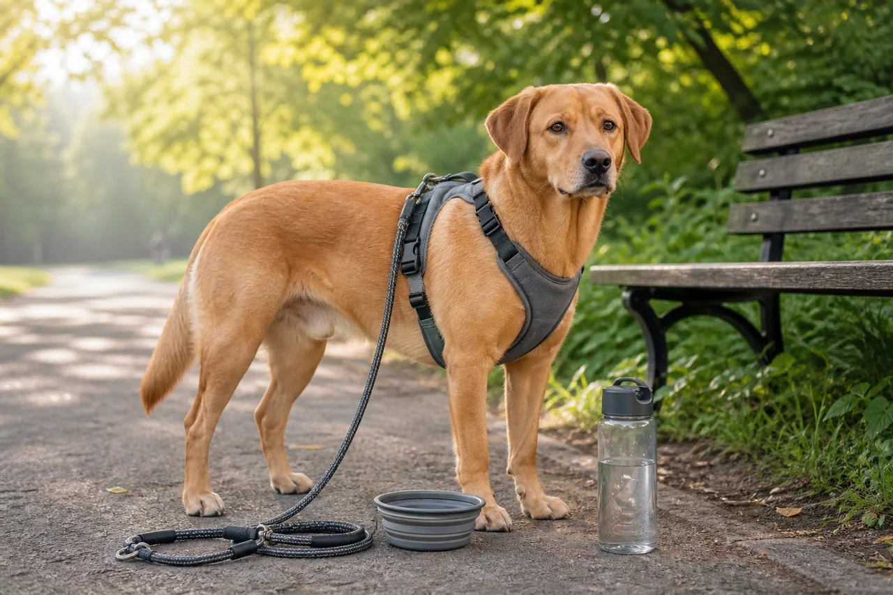 Perro adulto con arnés y accesorios preparados para el paseo