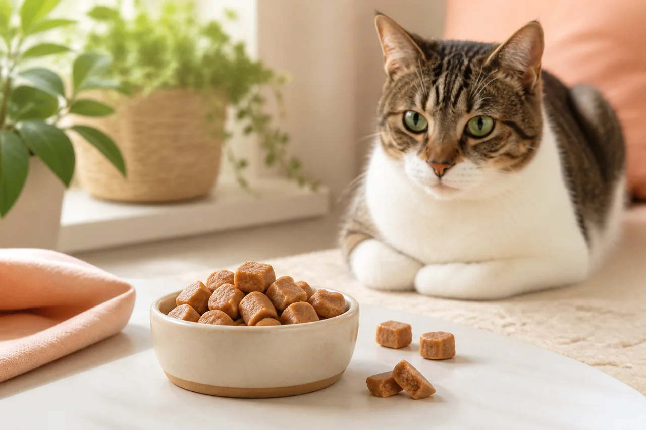 Gato junto a pequeños bocados de premio