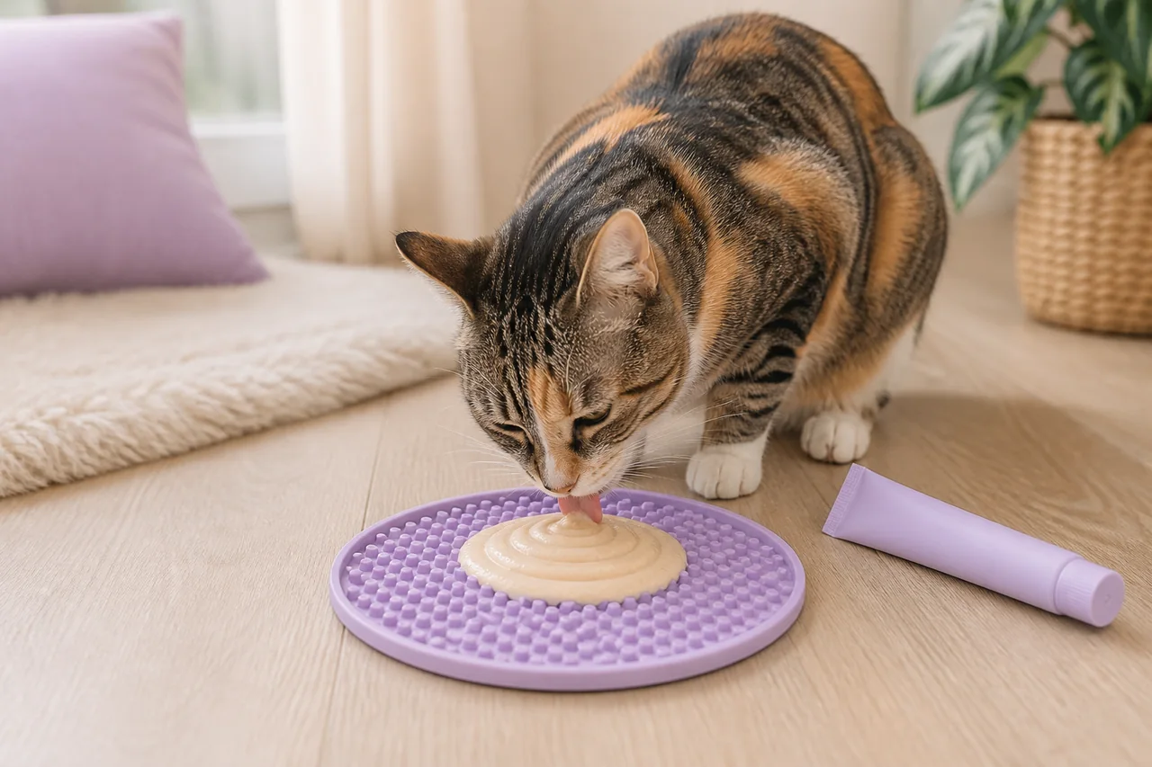 Gato lamiendo un premio cremoso junto a su tubo
