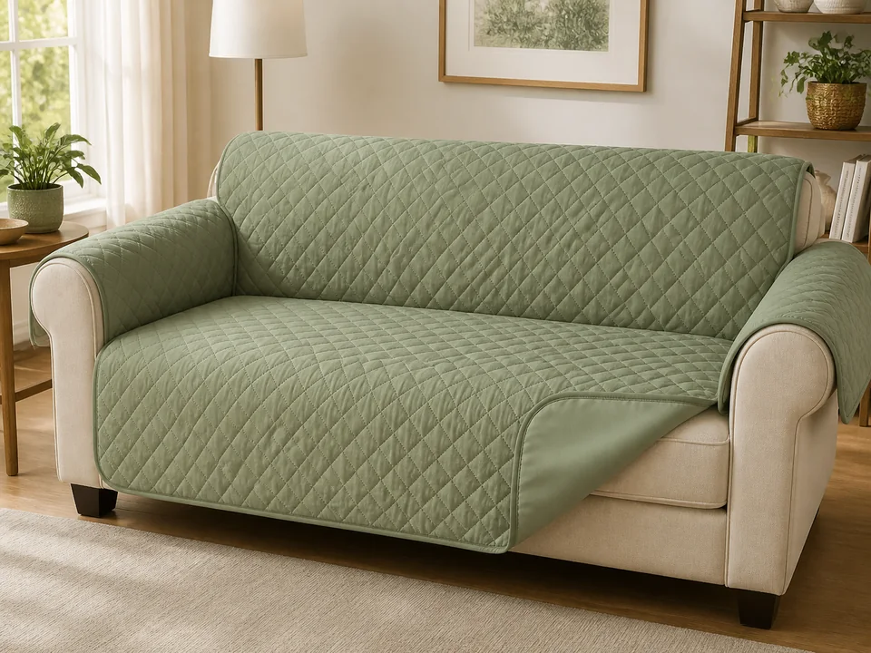 Sofá cubierto con un protector acolchado verde en asiento, respaldo y brazos