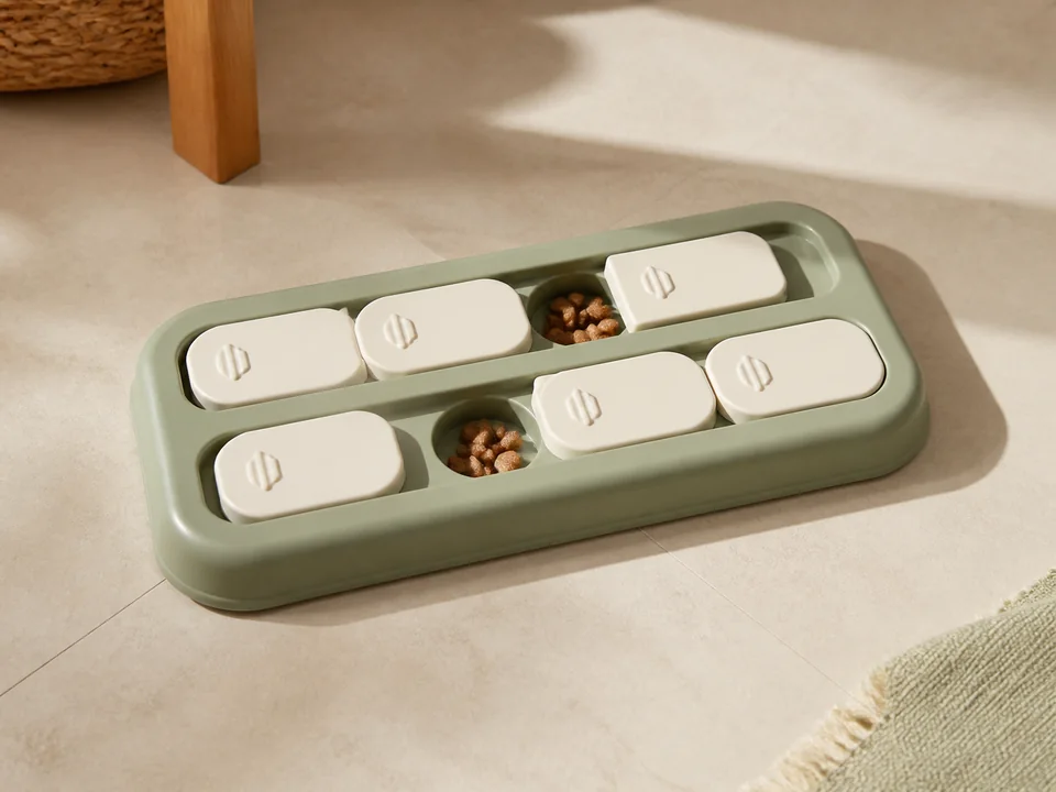 Puzzle dispensador de comida con compartimentos para gatos