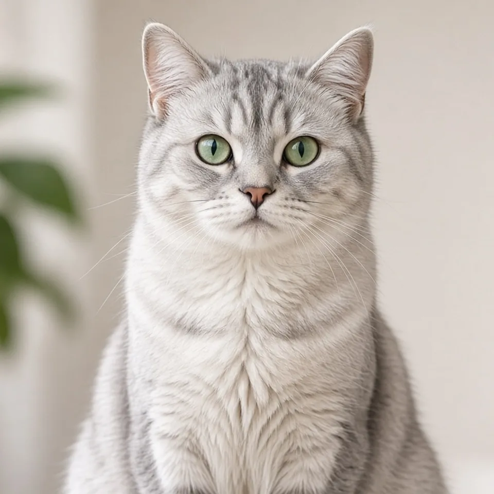 Retrato de un gato burmilla adulto de manto plateado sombreado y ojos verdes en un salón luminoso