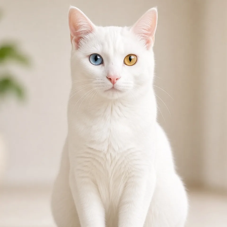 Retrato de un gato khao manee adulto blanco con un ojo azul y otro ámbar en un salón luminoso