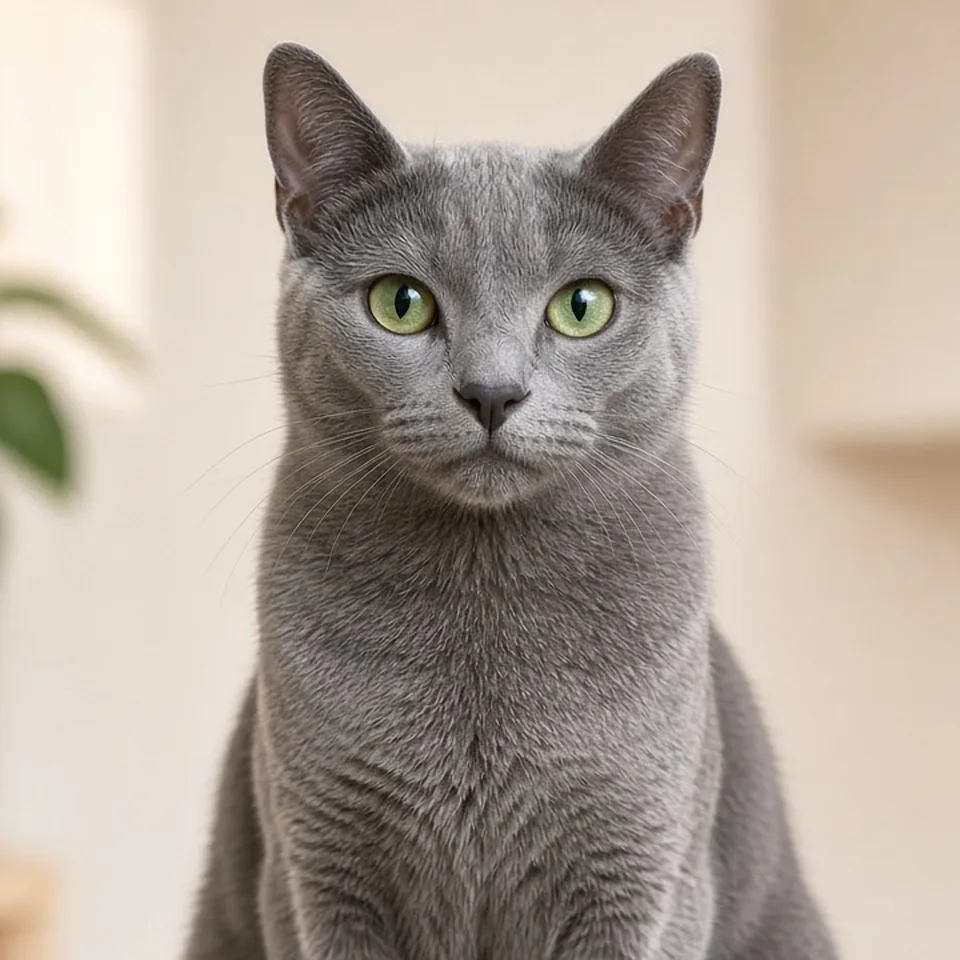Retrato de un gato korat adulto azul plateado con ojos verdes en un salón luminoso