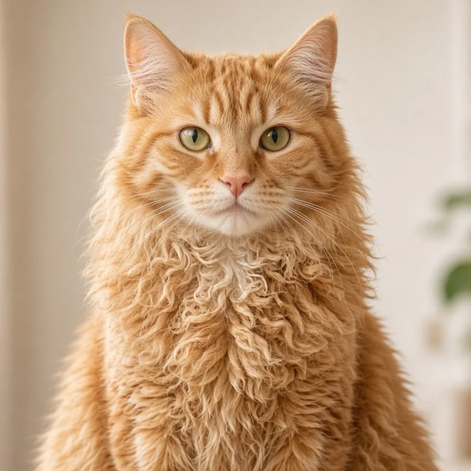 Retrato de un gato laperm adulto rojizo de pelo rizado suelto y ojos almendrados en un salón luminoso