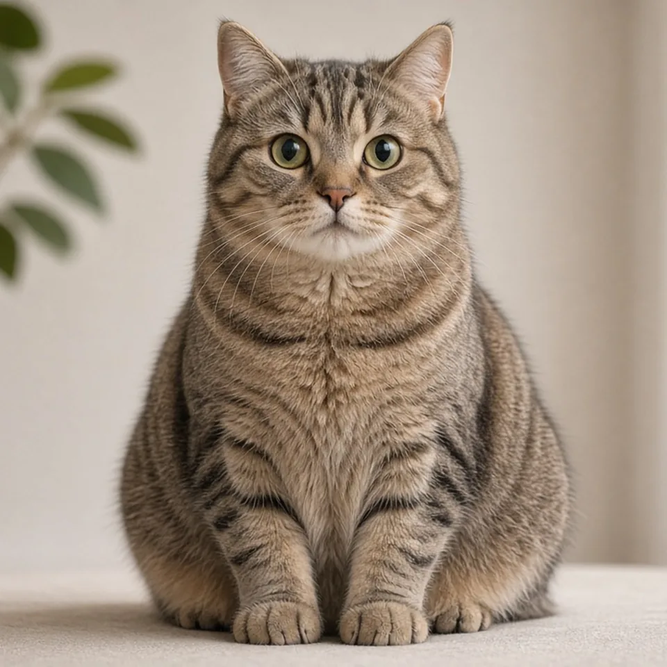 Retrato de un gato manx adulto atigrado sin cola, de cuerpo redondeado, en un salón luminoso