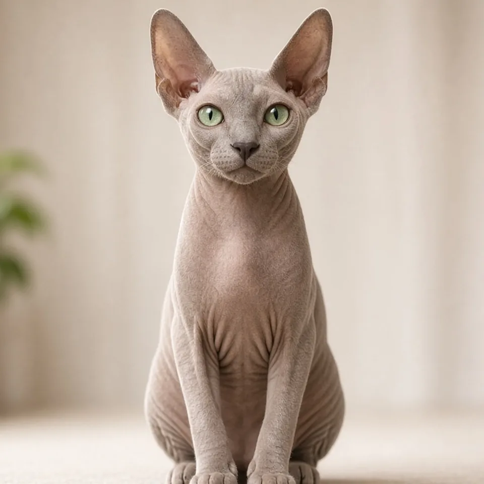 Retrato de un gato peterbald adulto sin pelo, esbelto y de orejas muy grandes, en un salón luminoso