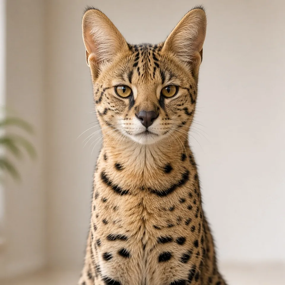 Retrato de un gato savannah adulto de manto dorado con manchas negras, orejas grandes y patas largas en un salón luminoso