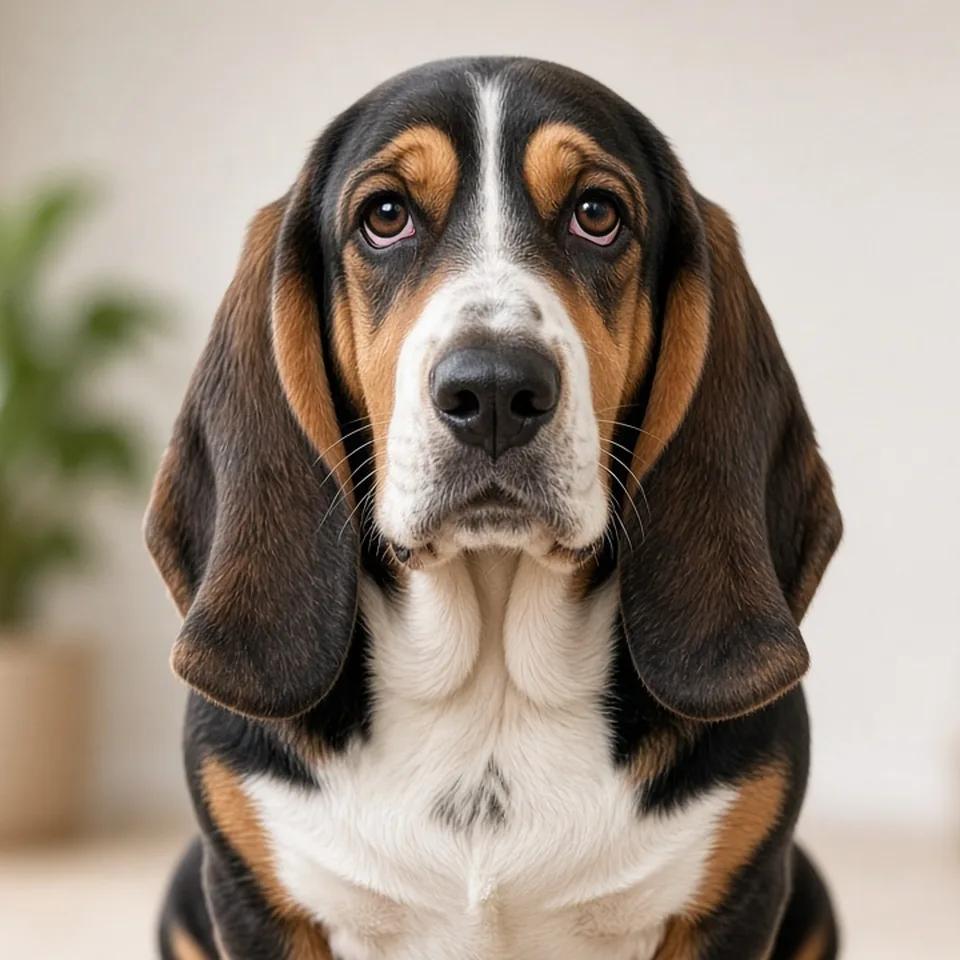 Retrato de un basset hound adulto tricolor con orejas largas en un salón luminoso