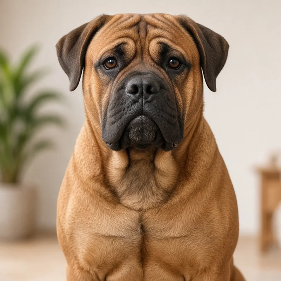 Retrato de un bullmastiff adulto leonado con hocico oscuro en un salón luminoso