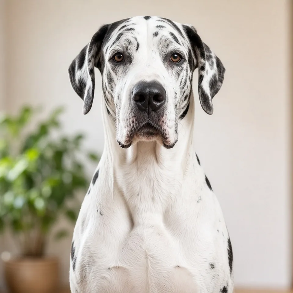 Retrato de un gran danés adulto arlequín, blanco con manchas negras, con orejas naturales en un salón luminoso