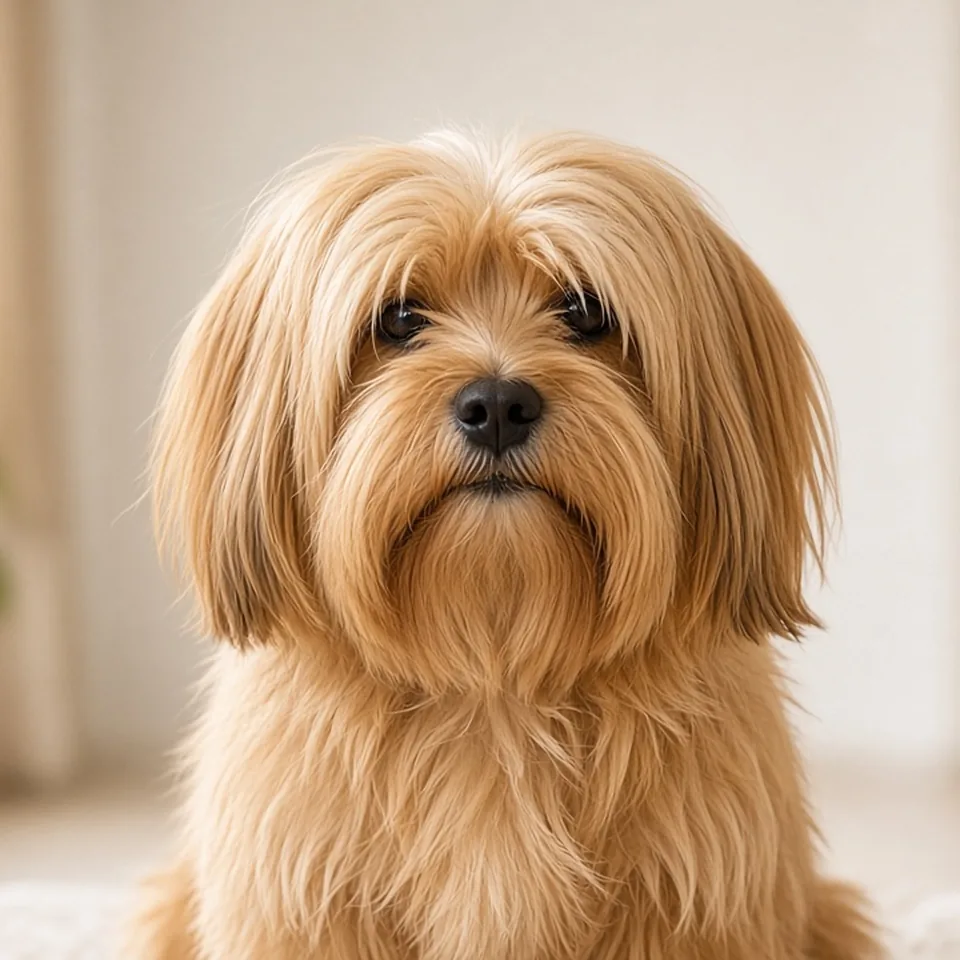 Retrato de un lhasa apso adulto dorado de pelo largo con flequillo en un salón luminoso