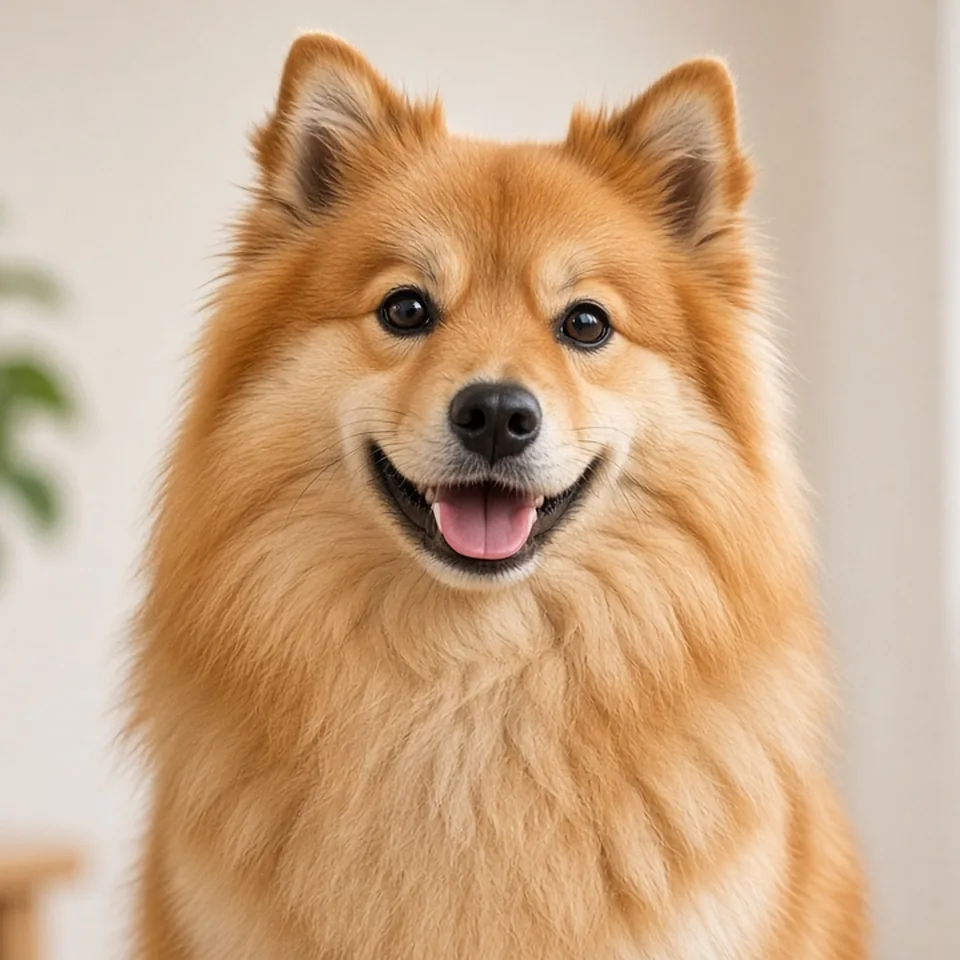 Retrato de un spitz alemán adulto de pelo naranja esponjoso en un salón luminoso