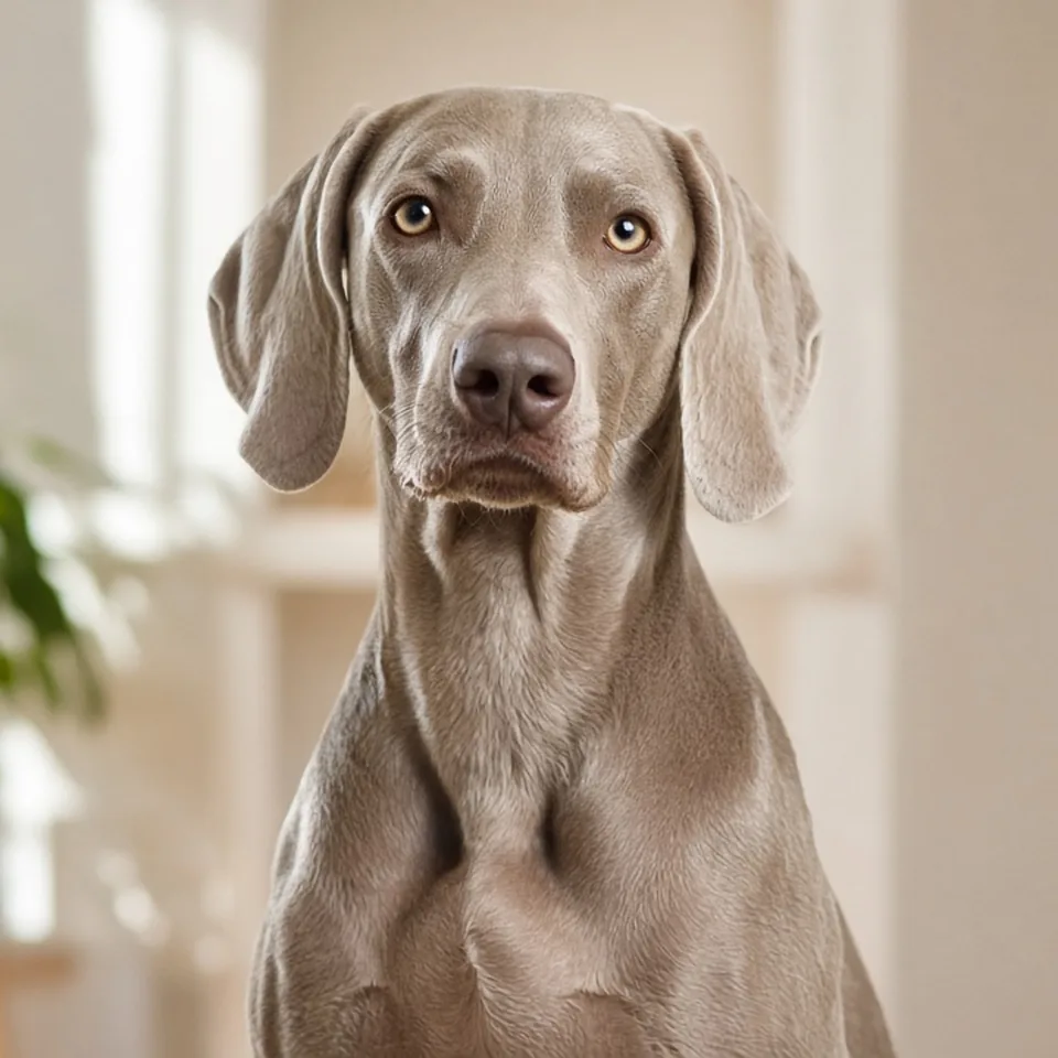 Retrato de un weimaraner adulto de pelo corto gris plateado en un salón luminoso