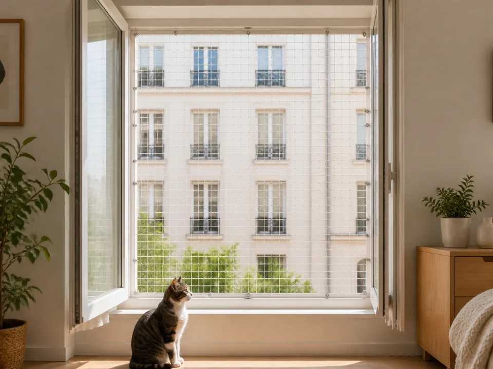 Ventana abierta protegida por una red con un gato en el interior