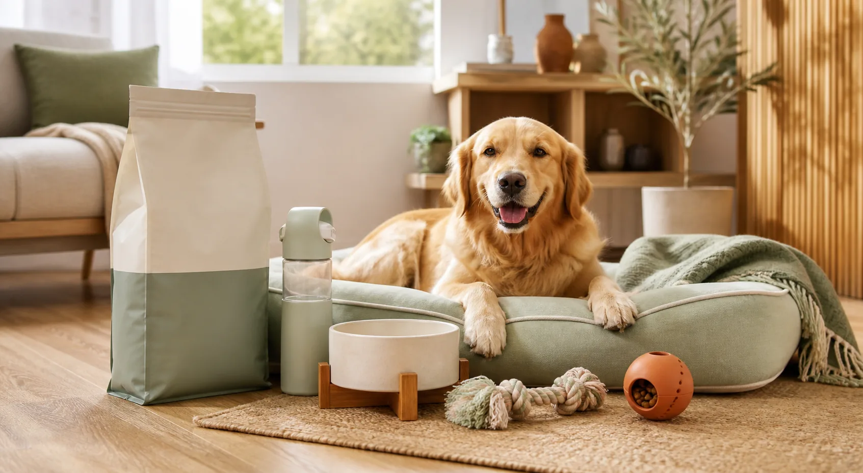 Perro adulto con cama, cuencos y juguetes para su rutina