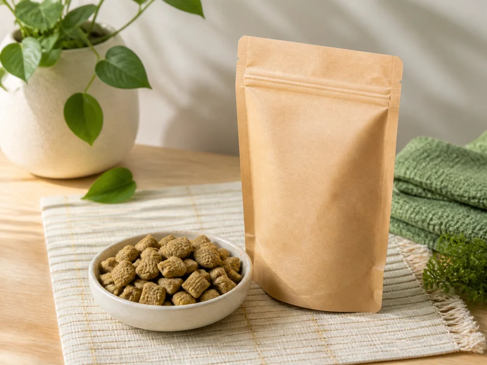 Cuenco con pequeños snacks de textura rugosa y una bolsa sin marca